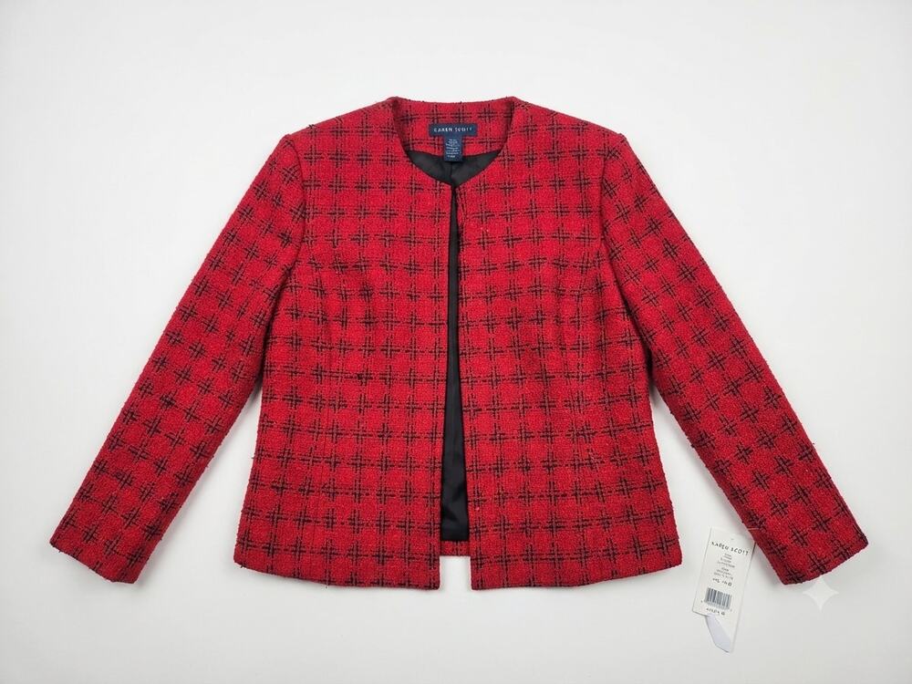 NEW Karen Scott 12 Red Black Tweed Plaid Blazer Jacket Career Classic Check